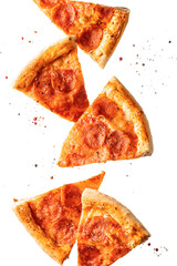 Pizza pepperoni il levitation with flying pepper isolated transparent png