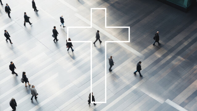 Cross with people walking in the background. Conceptual image