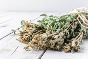 Wormwood Medicinal Herb Dried on White Wooden Background