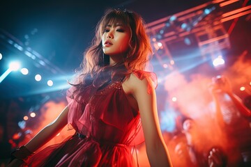 Fototapeta na wymiar Young charming Asian k-pop idol girl in red dress on stage under party lights