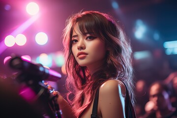Young charming Asian k-pop idol girl under party lights - obrazy, fototapety, plakaty