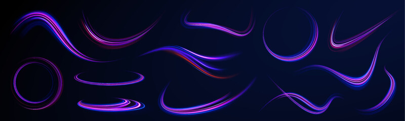 High-speed light line in the form of a road and a highway in a night city. Neon stripes in the form of drill, turns and swirl.   Speed of light concept background. 
