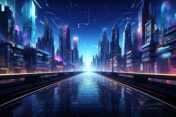 Fototapeta premium Path on sci-fi virtual polygonal futuristic neon night city street bridge with reflective pavement