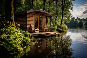 Fototapeta na wymiar Calm and beautiful landscape with a small wooden hut with a jetty on a pine forest lake