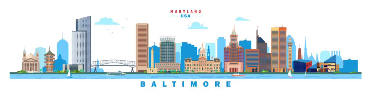 Baltimore city landmarks vector illustration in white background, Maryland, USA	