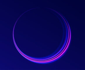 Neon line as speed or arc, turn, twist, bend in light effect. Light arc in neon colors, in the form of a turn and a zigzag. Abstract background in blue, yellow and orange neon colors.
