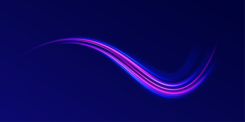 Abstract energy in the form of stripe, arc, curl and zigzag in neon colors with light effect. Acceleration speed motion on night road. Bright sparkling background.