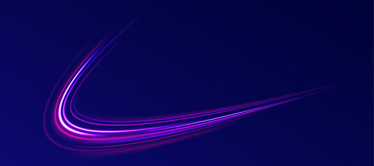 Light arc in neon colors, in the form of a turn and a zigzag. Big set of light neon lines in the form of swirl and spirals.  Abstract background in blue, yellow and orange neon colors.