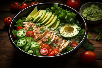 Healthy salad bowl with quinoa tomatoes chicken avocado lime, generative ai.