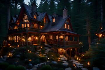 Fototapeta premium A house that is mounted on the second floor and can be reached after ascending a wooden staircase. AI Generatuive