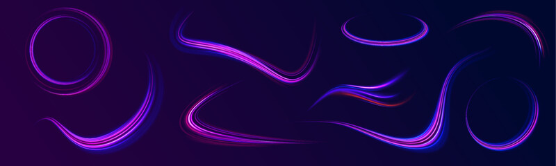 Big set of light neon lines in the form of swirl and spirals. Expressway in long delay, with car lights at night on autobahn. Vector glitter light fire flare trace.