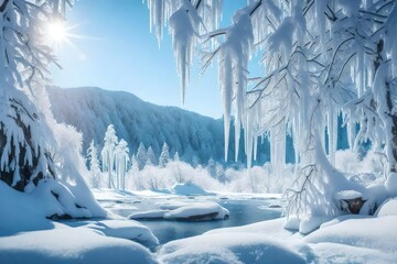 an ultra-realistic still-life composition of a frozen wilderness scene with icicles, frost-covered branches, and a serene snowy landscape - AI Generative - obrazy, fototapety, plakaty