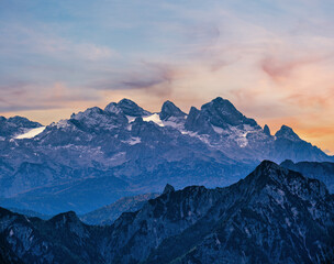 Picturesque autumn Alps mountain view from Schafberg viewpoint, Salzkammergut, Upper Austria.