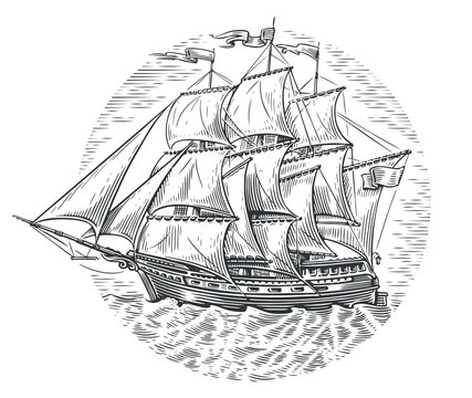 recommend clip art: Ship frigate sailboat old sketch hand drawn vector illustration. Vintage engraving style