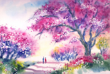 Obraz na płótnie Canvas Spring landscape in an expressive style with cherry blossoms and a pair of lovers, watercolor illustration.