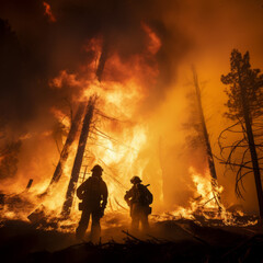 Obraz premium Silhouette of firemen fighting a fire