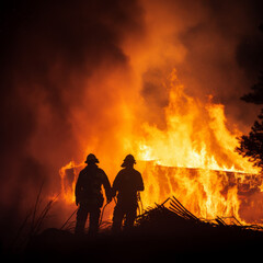 Silhouette of firemen fighting a fire