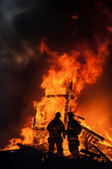 Silhouette of firemen fighting a fire