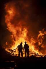 Silhouette of firemen fighting a fire
