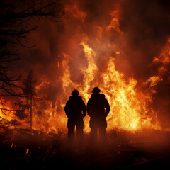 Silhouette of firemen fighting a fire