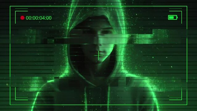 Glitched video recording interrupted by a computer hacker cybercriminal