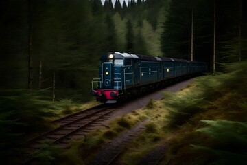 Naklejka premium Very detailed realistic photo of the tranquil forest with a train - AI Generative