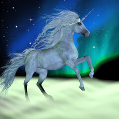Obraz na płótnie Canvas Aurora Lights Unicorn - A legendary white unicorn dances under the Northern lights.