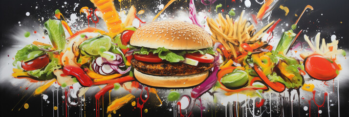 graffiti art of burger and arabic food pla, generative ai