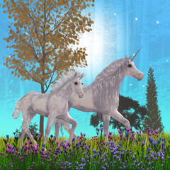 Blue Starlit Unicorn Night - A legendary unicorn mare and her foal prance along a moonlit path through a forest full of flowers.