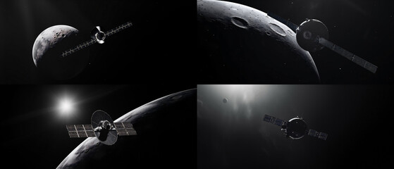 Primer plano monocromo de un SATÉLITE que pasa volando por un planeta, fotografía espacial. IA Generativa