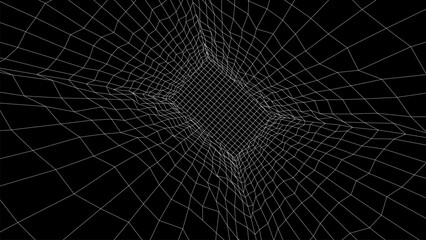 Black digital destroyed tunnel. Wireframe grid box, network connection technology. Futuristic portal pattern. Vector illustration.