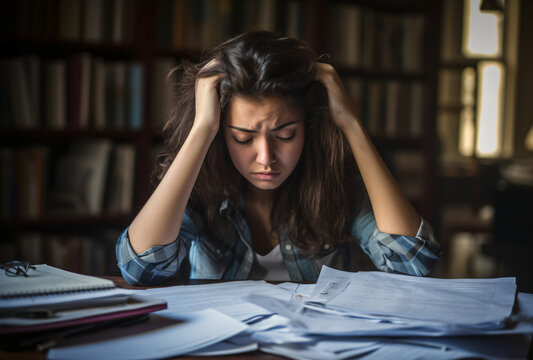 Stress woman frustrated from studying and working. University, burnout and stressed, tired from studying