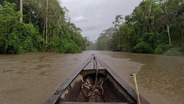 Boat going down a river in the Amazon Rain forest in Peru