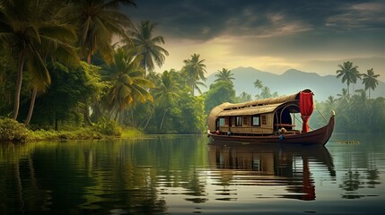 In India's Backwaters of Kerala, a traditional house boat is moored at the edge of a fishing lake. - obrazy, fototapety, plakaty
