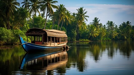Fototapeta na wymiar In India's Backwaters of Kerala, a traditional house boat is moored at the edge of a fishing lake.