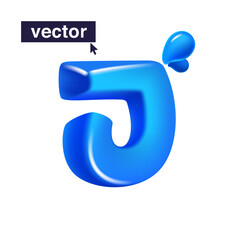 Letter J logo 3D render in cartoon cubic style made of blue clear water and dew drops. Eco-friendly vector illustration. Impossible isometric shapes. Perfect for nature banner, healthy filter labels.