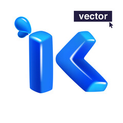 Letter K logo 3D render in cartoon cubic style made of blue clear water and dew drops. Eco-friendly vector illustration. Impossible isometric shapes. Perfect for nature banner, healthy filter labels.