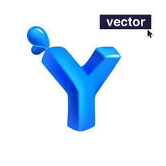Letter Y logo 3D render in cartoon cubic style made of blue clear water and dew drops. Eco-friendly vector illustration. Impossible isometric shapes. Perfect for nature banner, healthy filter labels.