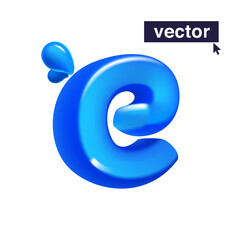 Letter E logo 3D render in cartoon cubic style made of blue clear water and dew drops. Eco-friendly vector illustration. Impossible isometric shapes. Perfect for nature banner, healthy filter labels.