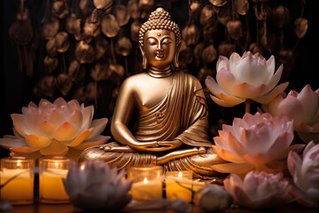 illuminated Lotus flowers and a gold Buddha statue