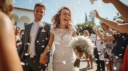 Photographs of the bride and groom enjoying their wedding ceremony. Rice and grain are traditionally sprinkled at weddings.