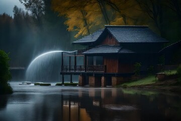 Fototapeta premium A rain house near a water canal at the time of morning. AI Generative