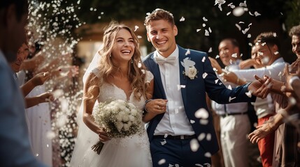 Photographs of the bride and groom enjoying their wedding ceremony. Rice and grain are traditionally sprinkled at weddings.