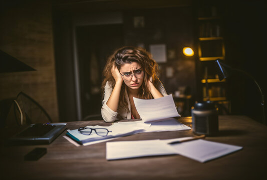 Stressed Office Worker, Office Burnout, Workplace Fatigue, Managing Stress at the Office, Dealing with Workplace Stress, Exhausted Businesswoman with mental fatigue