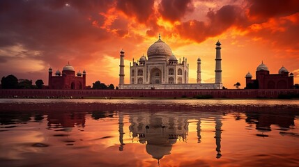 Indian sunset, Taj Mahal and Yamuna River.