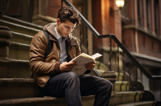 Photo of man reading  university newspaper while waiting for next class, Staying Informed, A Morning with the Newspaper, youth reading the newspaper