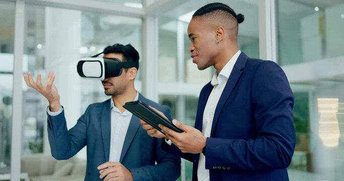 Business men, virtual reality glasses and test for metaverse development, coding or planning. Programming partnership, ar vision and teamwork for 3d user experience, scroll and learning with tablet