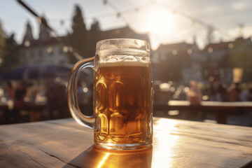 Large beer mug on outdoor table in beer garden