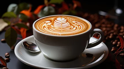 Crédence de cuisine en verre imprimé Texture du bois de chauffage Cup of hot latte coffee, top view image