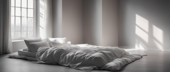 An unmade bed on the floor with white sheets and pillows, a white spacious room with a window in the morning